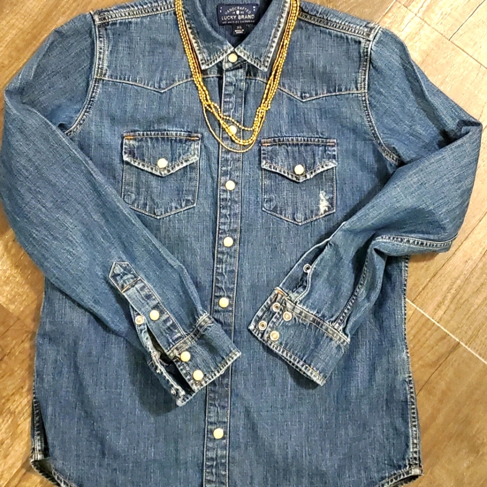 Lucky Brand Distressed Denim Snap Front Shirt.